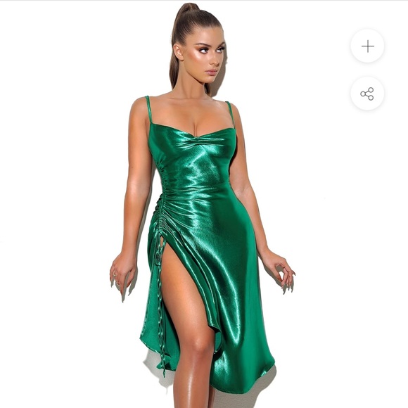 Montego Green Satin Side Slit Dress - Picture 2 of 3